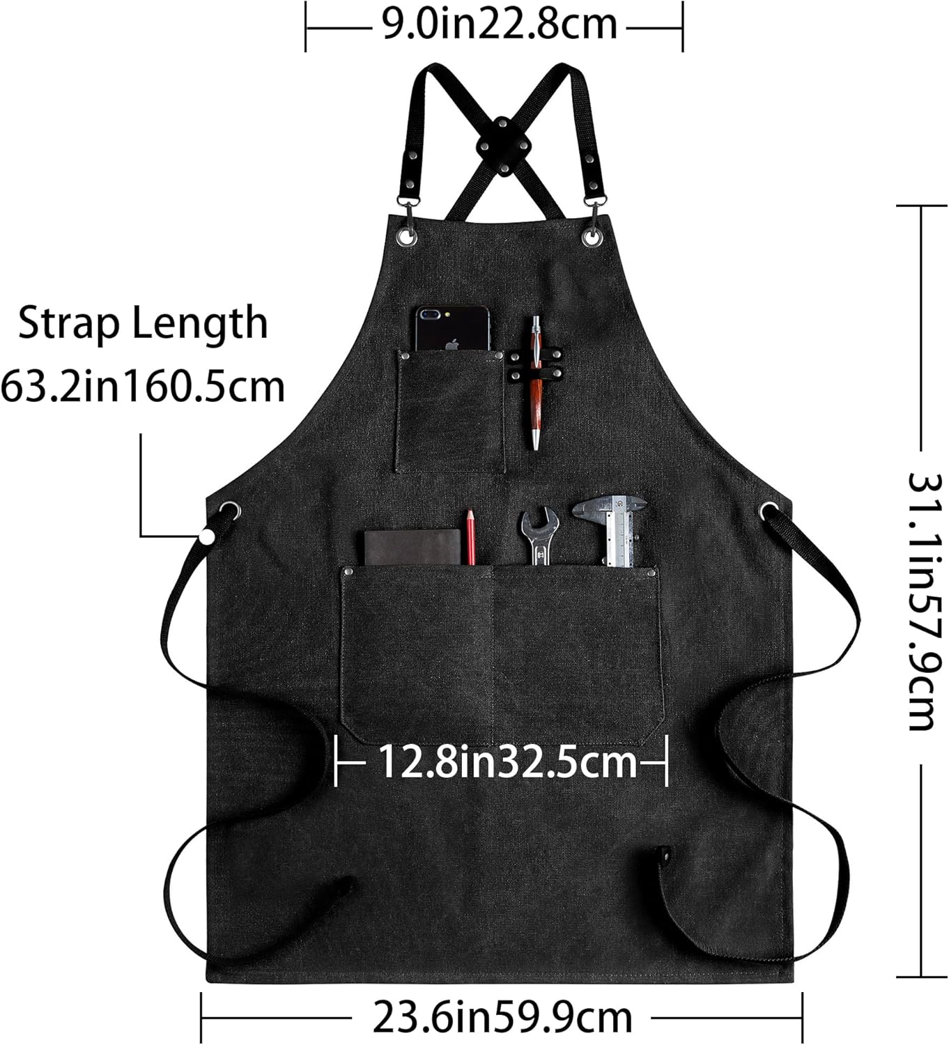 CONTAIL Chef Apron for Men Women,Canvas Aprons with Pockets-Cross Back Kitchen Apron for Cooking Grilling Baking BBQ Barber