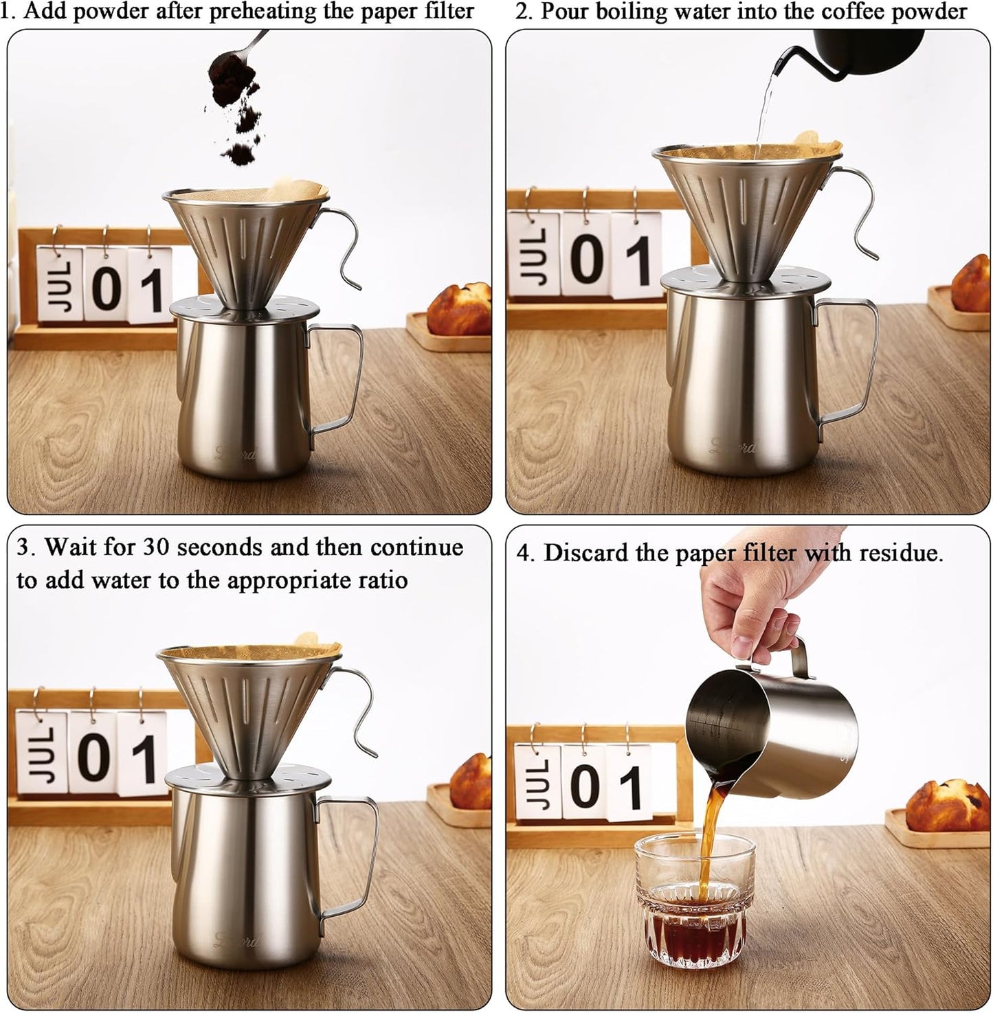 Lalord Pour Over Coffee Maker Set, 304 Stainless Steel wIth 100 pcs 02 Paper Filters & 600ml Milk Frothing Pitcher, for Home & Camping