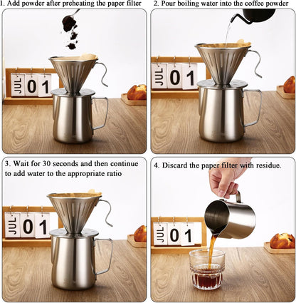 Lalord Pour Over Coffee Maker Set, 304 Stainless Steel wIth 100 pcs 02 Paper Filters & 600ml Milk Frothing Pitcher, for Home & Camping
