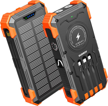 Sudrov Solar Charger Power Bank, 42800mAh Portable Charger with USB-C in/Output, QC3.0 Fast Charging 15W 4 Ports Outdoor Battery Pack Built-in Dual Led Flashlights for iPhone Samsung etc