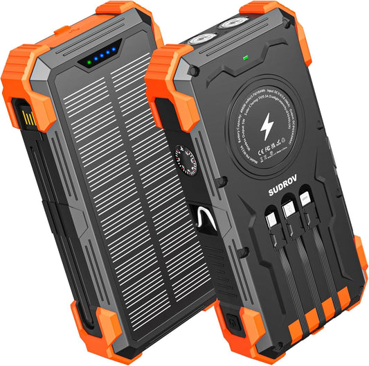 Sudrov Solar Charger Power Bank, 42800mAh Portable Charger with USB-C in/Output, QC3.0 Fast Charging 15W 4 Ports Outdoor Battery Pack Built-in Dual Led Flashlights for iPhone Samsung etc
