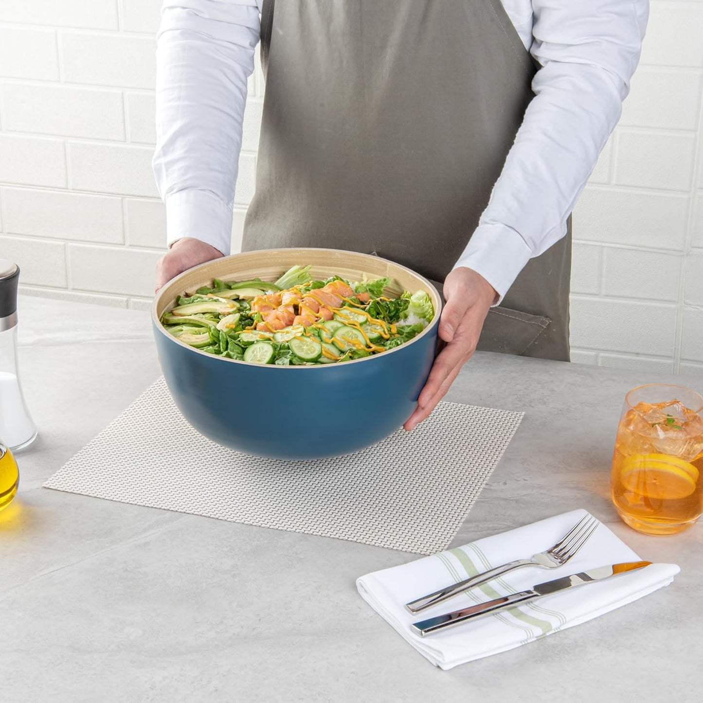 Restaurantware-Bambuddha 51 Ounce Extra Large Salad Bowl, 1 Heavy-Duty Round Salad Bowl - Sustainable, Reusable, Blue Bamboo Serving Dish, for Serving Salads, Fruits, and Appetizers