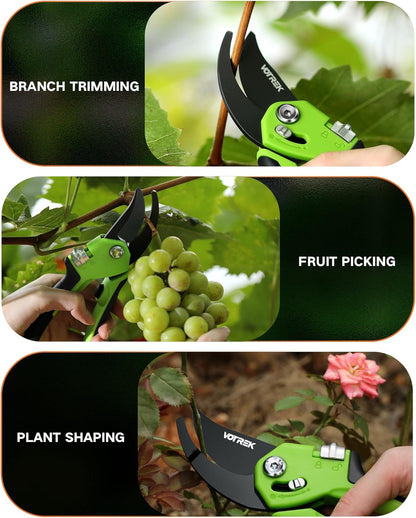 VOTREK Pruning Shears - 8.5" Heavy Duty Bypass Pruners for Gardening with Built-in Spring & SK5 Steel Blades - Ergonomic Adjustable Handle for All Hand Sizes, Garden Clipper Plant Scissors for Branch