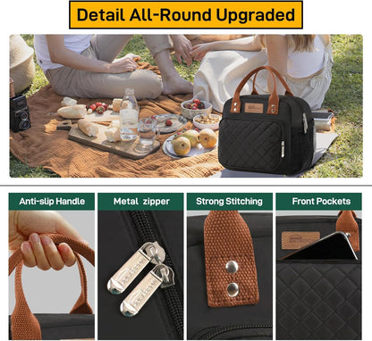 HOMESPON Lunch Bag for Woman Man Adults with Front Pocket Insulated Lunch Tote Lunch Box Container for Work Picnic or Travel(Black)