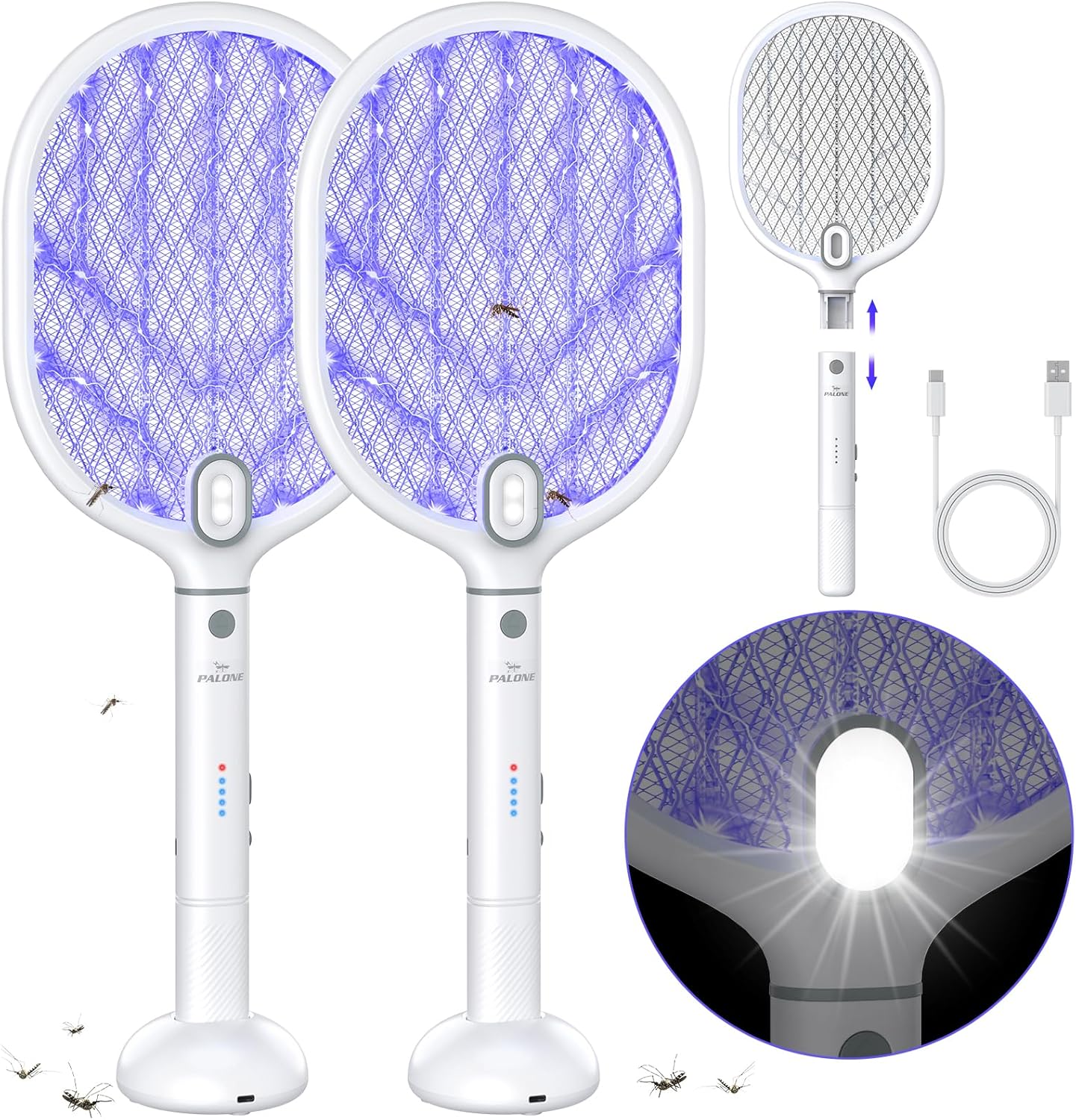 PALONE Bug Zapper Racket,Fly Swatter with Light, Detachable Dual Modes Fly Zapper for Indoor Outdoor (2 Pack)