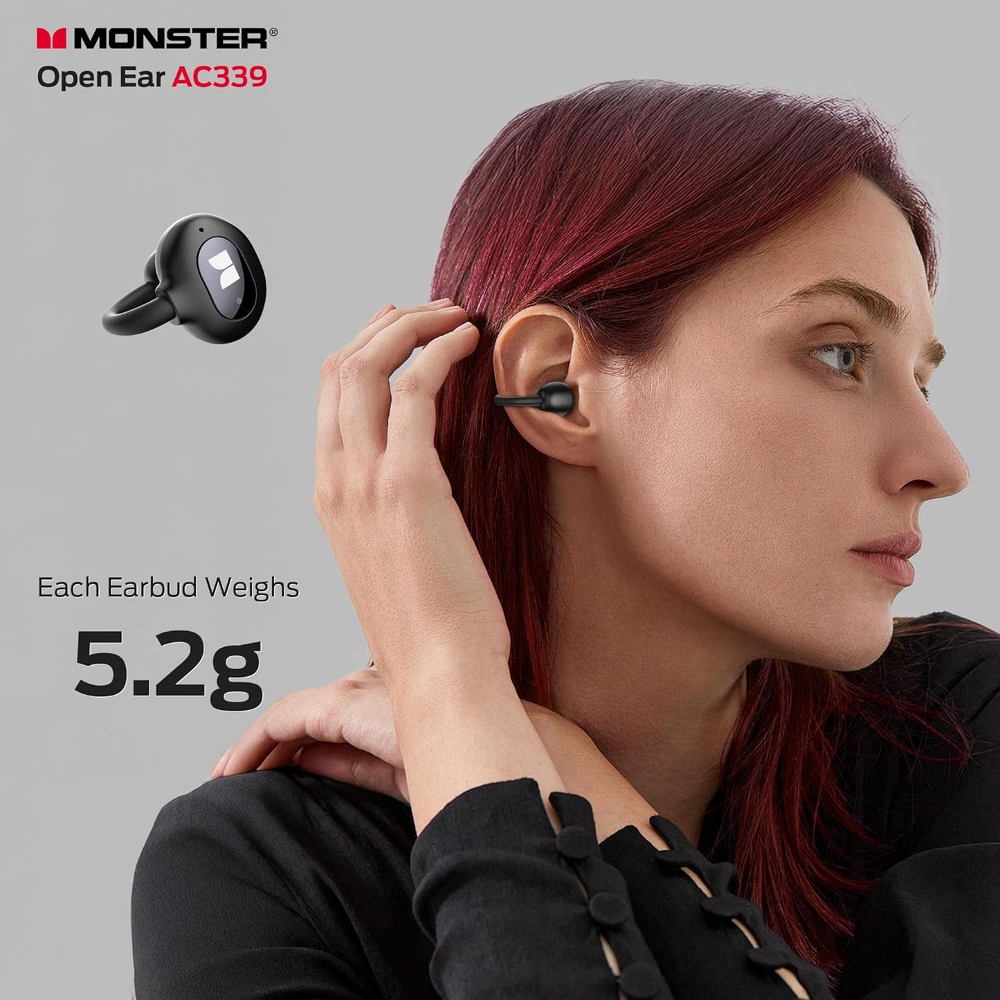 Monster Open Ear AC339 Earbuds, Bluetooth 6.0 Earphones Stereo Sound, Open Ear Clip Wireless Earbuds 40 Hours Playback, with Smart Digital Display Design, Touch Control, IPX6 Waterproof