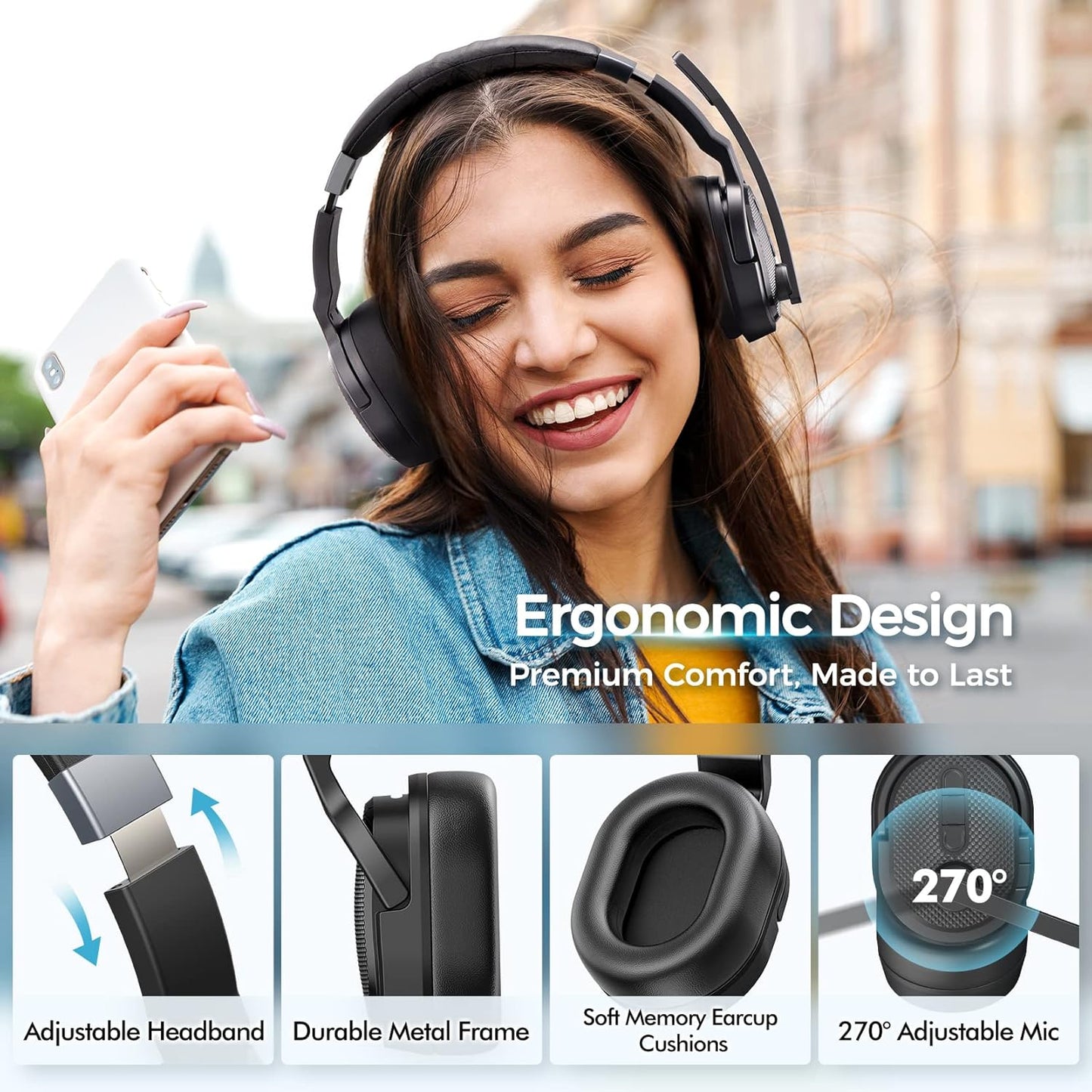 Trucker Bluetooth Headset, Wireless Headsets with Noise Cancelling Microphone, 40+Hrs HD Talktime Bluetooth Headphones with Detachable Earpad/Single+Dual Mode for Office/Driving/Home