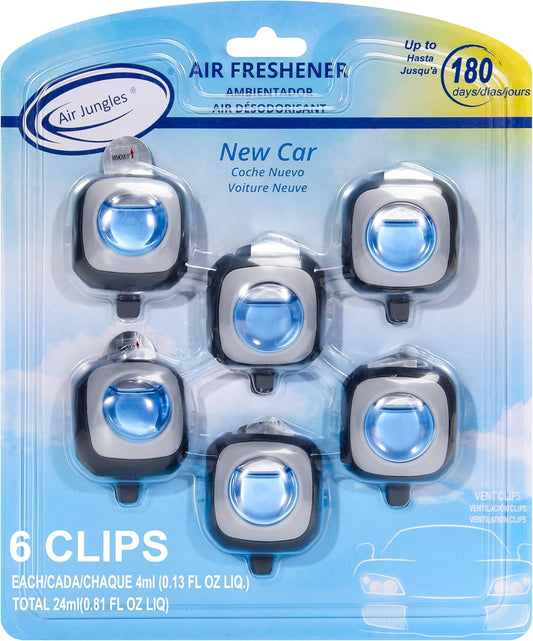 Air Jungles New Car Scent Car Air Freshener Clip, 6 Car Freshener Vent Clips, 4ml Each, Long Lasting Air Freshener for Car, Up to 180 Days Car Refresher Odor Eliminator
