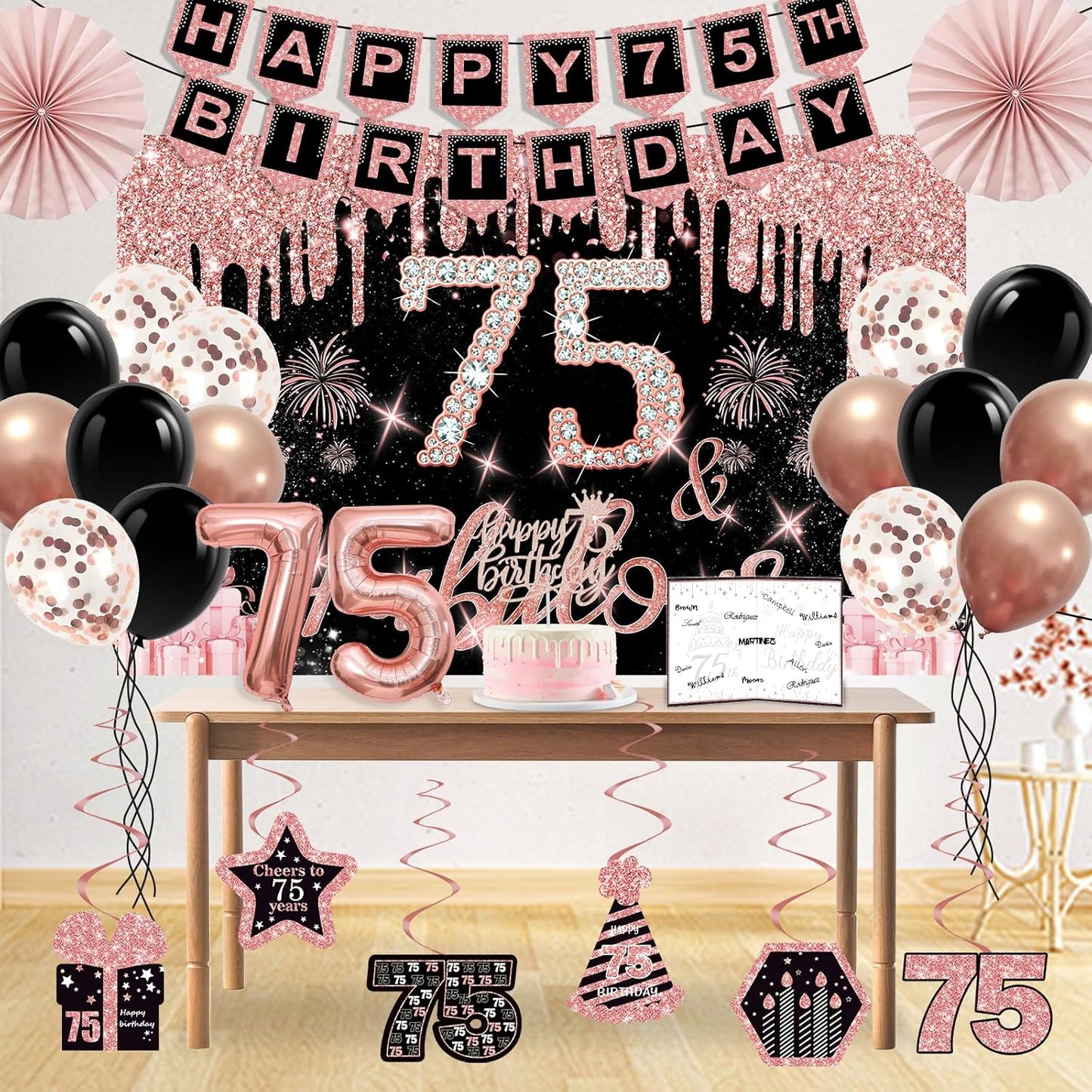 40th Birthday Decorations for Women,32pcs 40th Birthday Party Decorations,Including Backdrop, Crown,Sash,banner, Hanging Swirl,Cake Topper,balloons,Paper Fans,Anniversary Card and paper fans