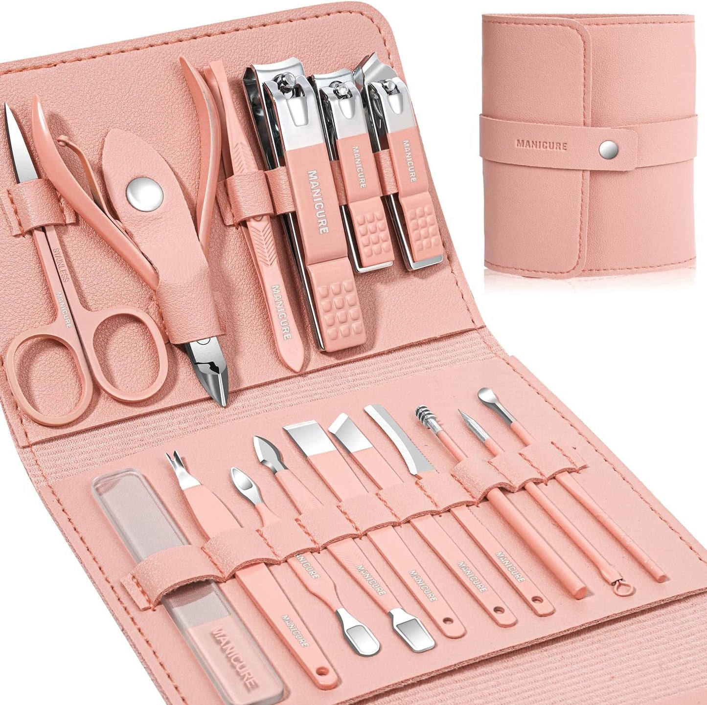 Manicure Set Professional Nail Clippers Pedicure Kit, 16 pcs Stainless Steel Nail Care Tools Grooming Kit with Luxurious Travel Leather Case for Thick Nails Men Women Gift (Black)