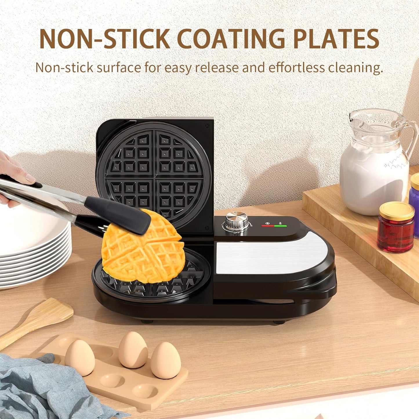 YASHE Double Waffle Maker 6 Inch, 1400W Belgian Waffle Maker for Breakfast and Snacks, Stainless Steel Waffle Iron with Nonstick Plates, Temperature Knob, Cool-Touch Handles - PuriLite