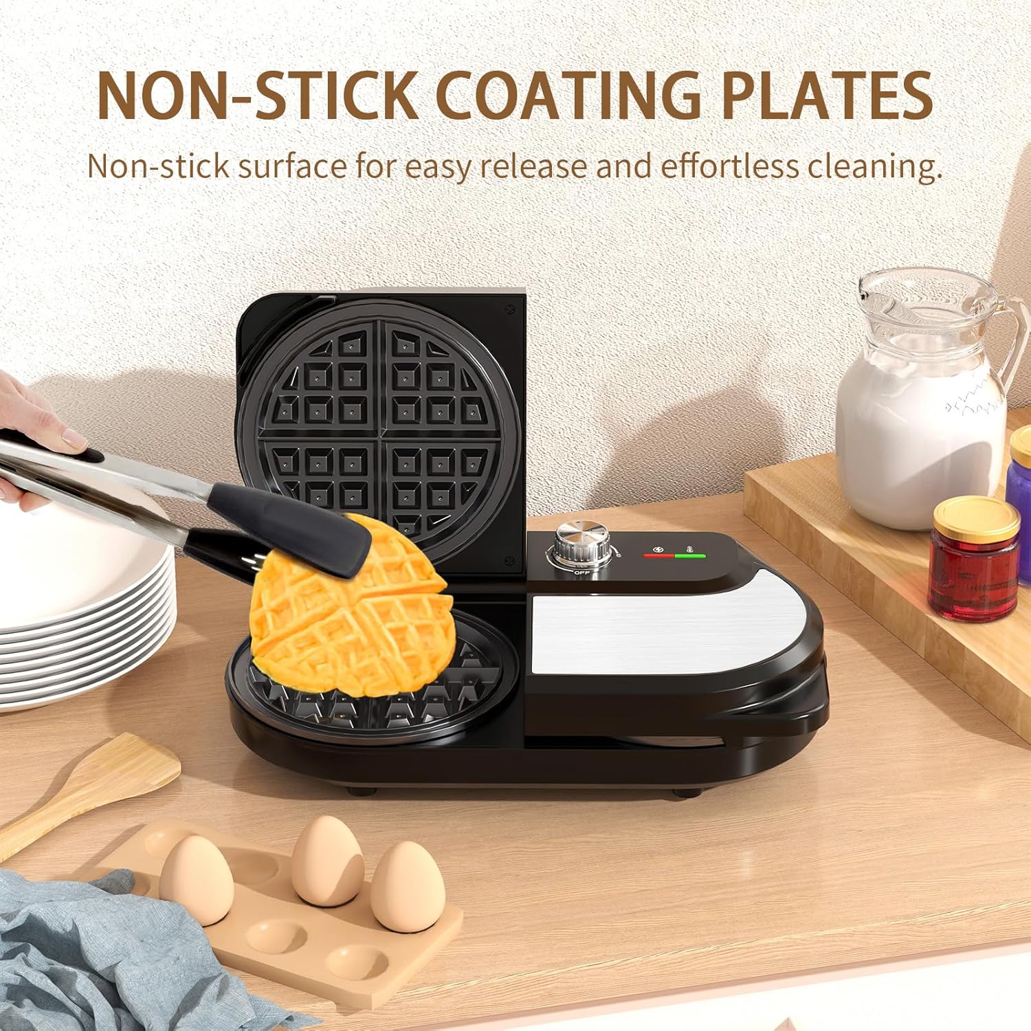 YASHE Double Waffle Maker 6 Inch, 1400W Belgian Waffle Maker for Breakfast and Snacks, Stainless Steel Waffle Iron with Nonstick Plates, Temperature Knob, Cool-Touch Handles - PuriLite