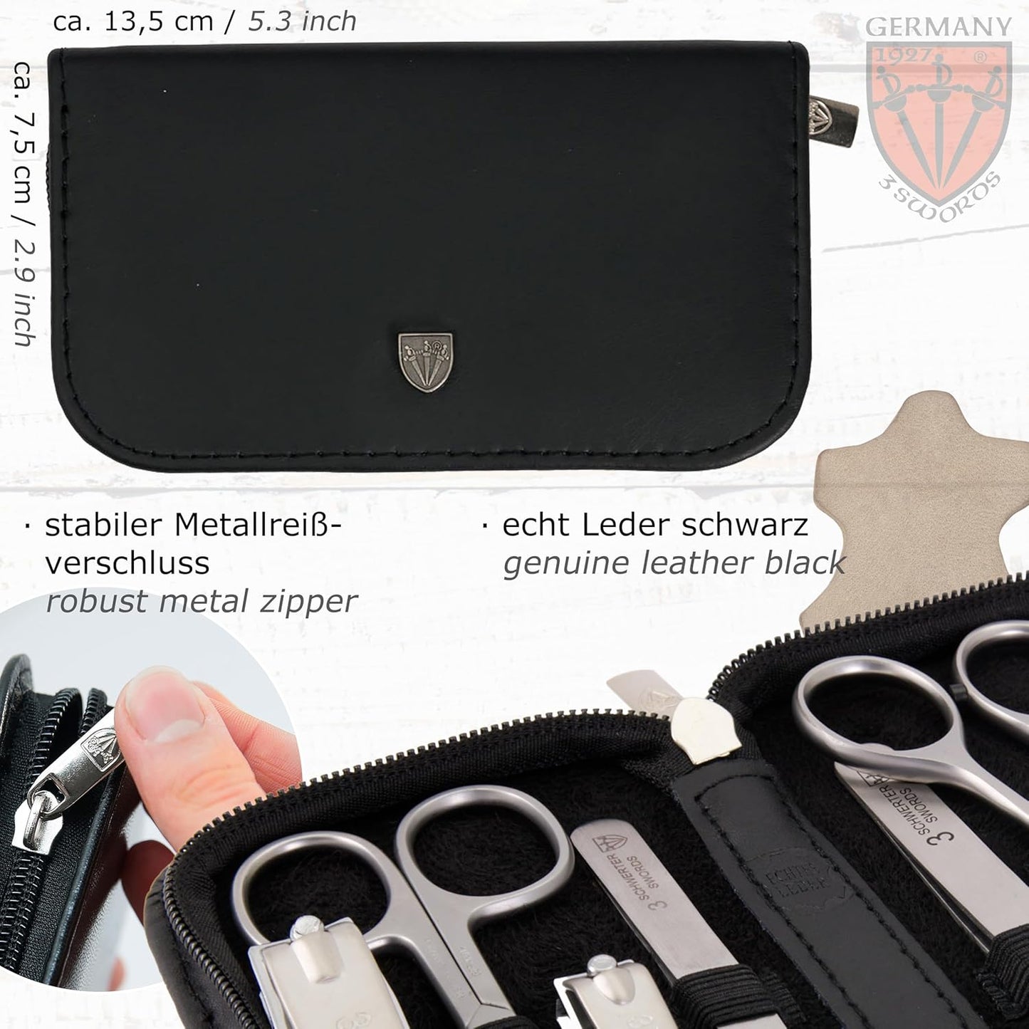 3 Swords Germany - brand quality 8 piece manicure pedicure grooming kit set for professional finger & toe nail care scissors clipper fashion leather case camou in gift box, Made in Germany