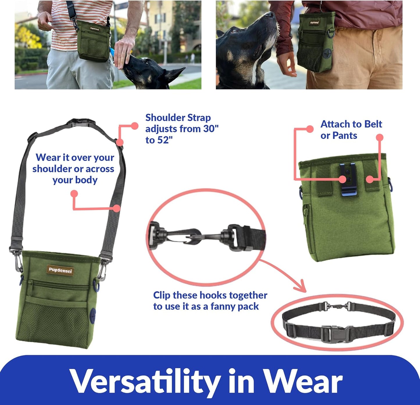 PupSensei Dog Treat Pouch, Durable Oxford Polyester, No-Spill Magnetic Closure, Treat Pouches for Pet Training with Metal Clip, Waist Belt, Adjustable Strap, Poop Bag Dispenser (Army Green)