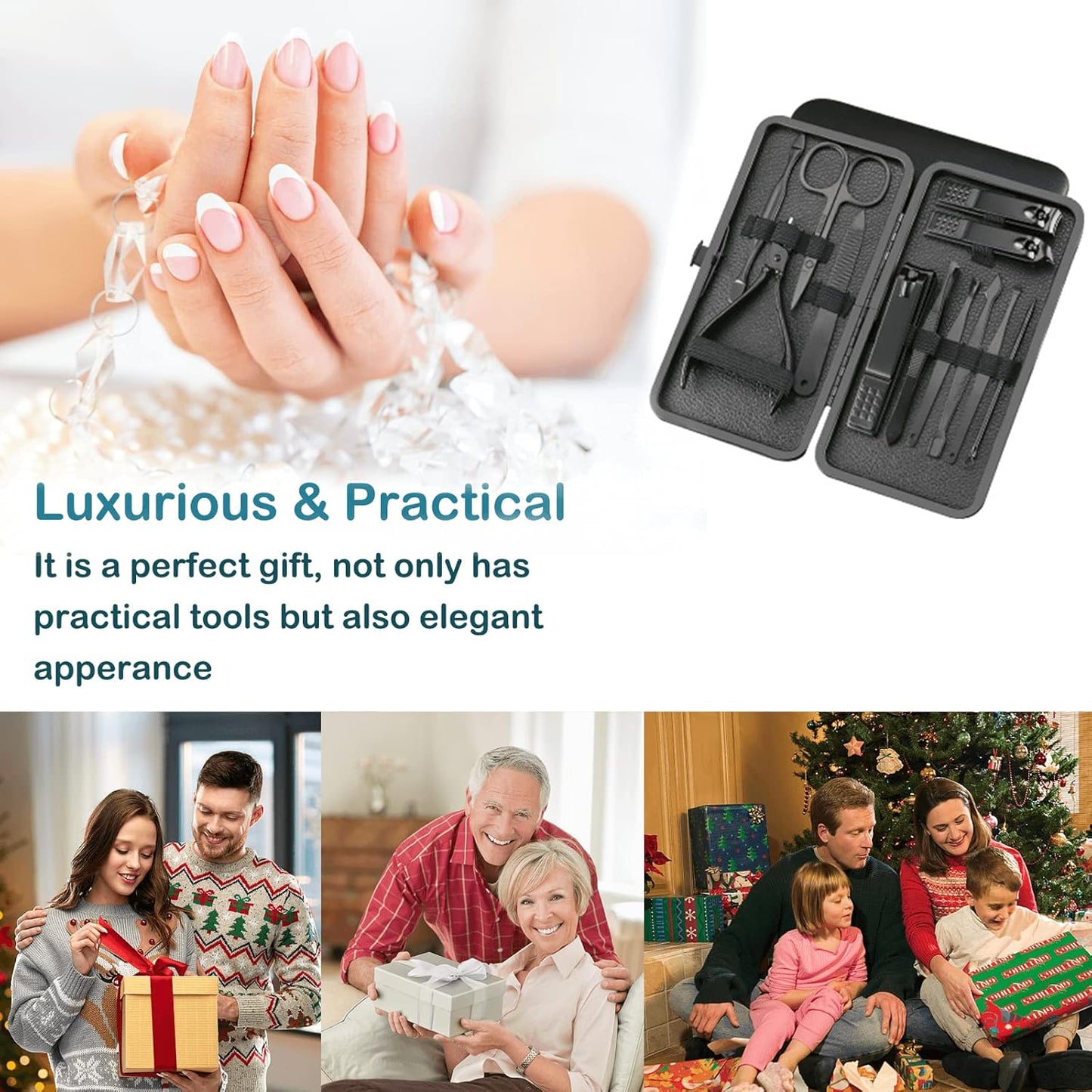 Manicure Set Nail Clippers Pedicure Kit -7PCS Stainless Steel Manicure Kit, Professional Grooming Kits, Nail Care Tools with Luxurious Travel Leather Case Gift Box (7, Black)