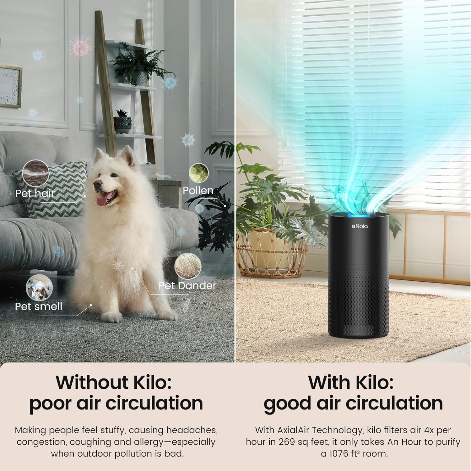 Air Purifiers for Home Large Room Up to 1076 Ft², Afloia 3-Stage Air Purifier for Bedroom 22 dB, Air Filter for Pets Dust Dander Mold Pollen, Odor Smoke Eliminator, Kilo Black, 7 Colors Light - PuriLite