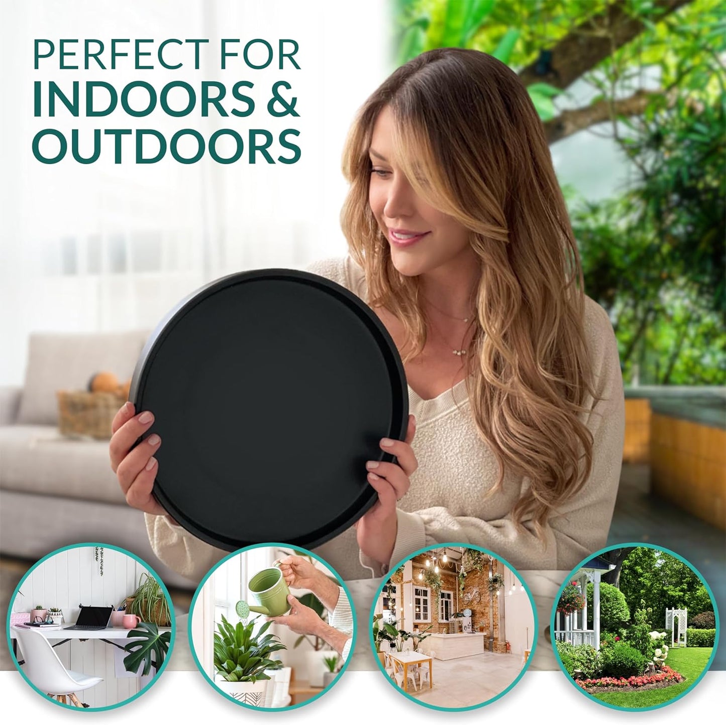 Heavy Duty Ceramic Black Plant Saucer - with Silicone Feet for Added Surface Protection - Scratch-Resistant Plant Drip Trays for Pots 8.3" at the Base or Less, Plant Plate, 7-8 Inch Plant Saucer