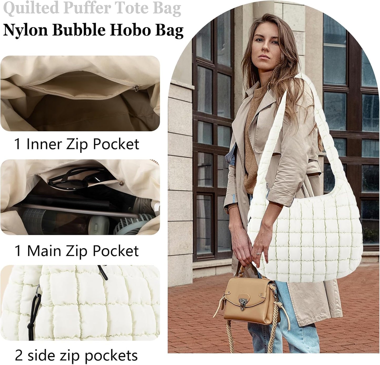 Quilted Puffer Tote Bag Large Crossbody Shoulder Bag with Zipper, Nylon Hobo Oversized Handbag
