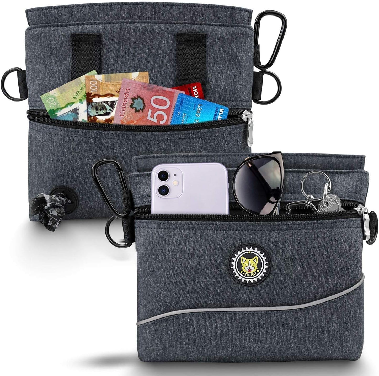 Dog Treat Pouch Bag with Magnetic Closure, 2 Zip Pockets, Dog Food Bag with Removable Inner Pocket, Padded Shoulder Strap, Perfect Food Bag for Agility Training - Including Carabiner