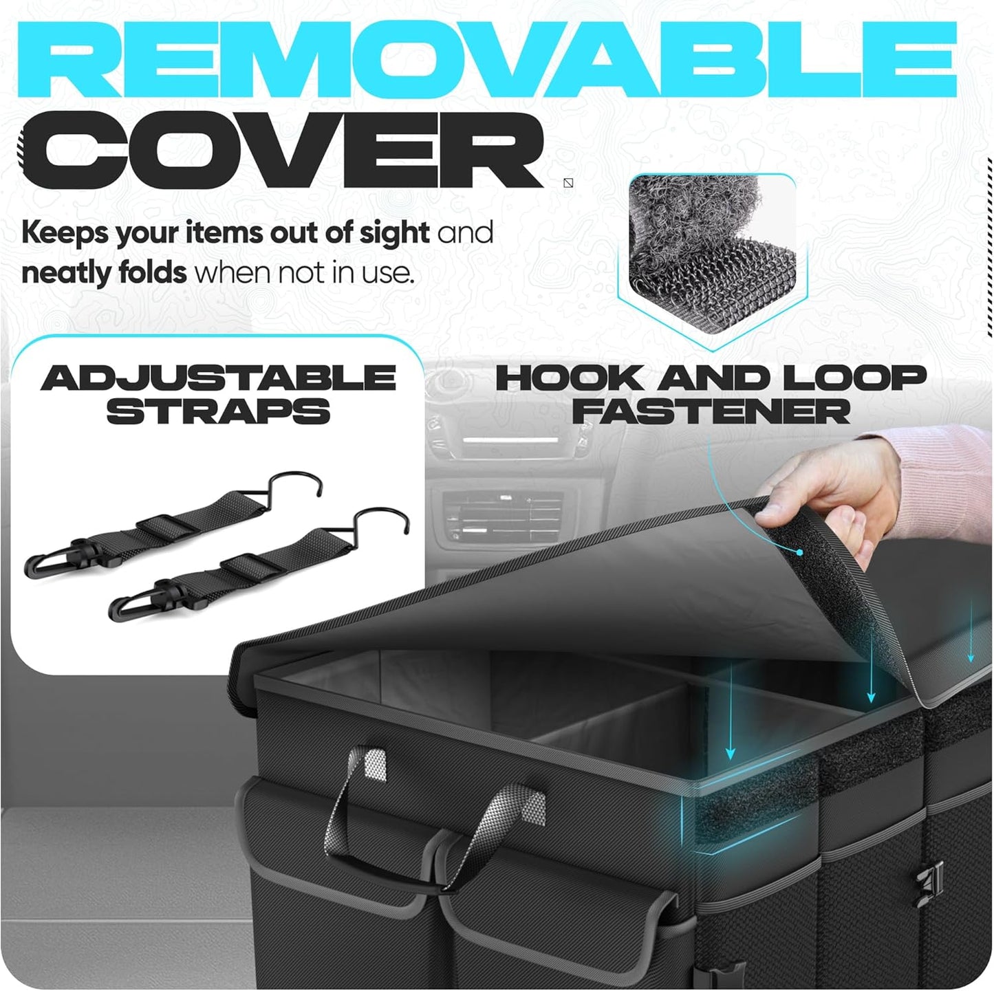 FORTEM Car Trunk Organizer, Collapsible Multi Compartment Car Organizer, Foldable SUV Storage for Car Accessories for Women Men, Non Slip Bottom, Securing Straps, Soft Cover 50L (Black, Standard)