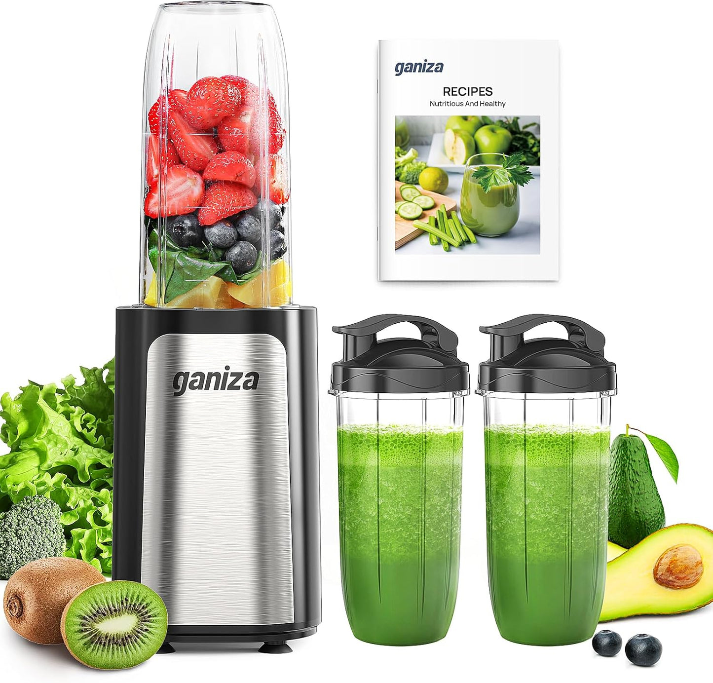 Ganiza Blender for Smoothie, 14 Pcs Smoothie Blender for Kitchen, Countertop Blender with 3 Non-BPA Portable Blender Cup and Cleaning Brush for Baby Food, Shakes, Vegetable, Nutritious Recipe