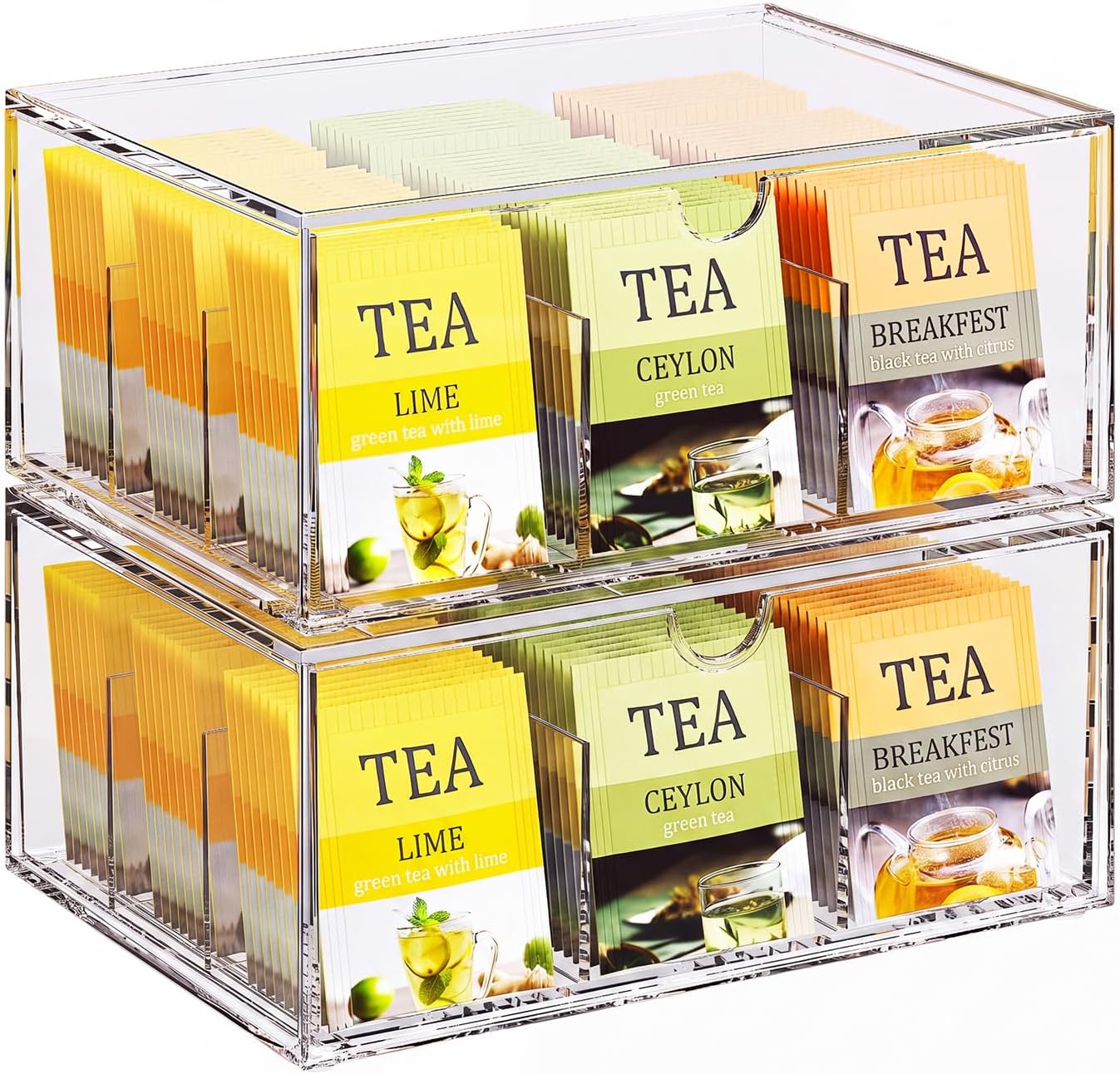2 Pack Coffee Pod Storage Drawer, Stackable Tea Bag Organizer with Dividers, Acrylic Coffee and Tea Packet Holder, Clear Plastic Storage Bins for Kitchen Pantry, Countertop or Cabinet