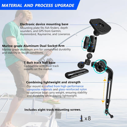 Velpaw 1.5" Ball Kayak Fish Finder Mount with Transducer Mounting Arm, Marine Electronic Mount Plate with Low Profile Track, Compatible with RAM Mounts, Scotty, Lowrance, Garmin