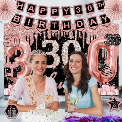 40th Birthday Decorations for Women,32pcs 40th Birthday Party Decorations,Including Backdrop, Crown,Sash,banner, Hanging Swirl,Cake Topper,balloons,Paper Fans,Anniversary Card and paper fans
