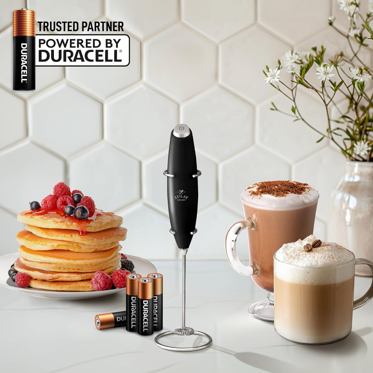 Zulay Kitchen Powerful Double Whisk Milk Frother Handheld - Foam Maker with Stand - Whisk Drink Mixer for Coffee, Mini Foamer for Latte, Matcha, Frappe, Hot Chocolate & Cappuccino (Black)