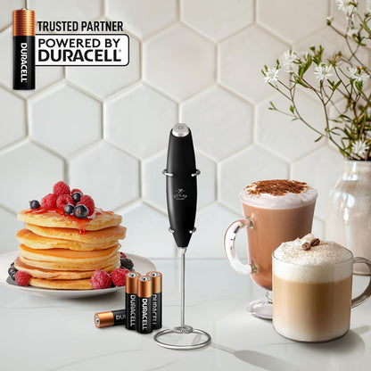 Zulay Kitchen Powerful Double Whisk Milk Frother Handheld - Foam Maker with Stand - Whisk Drink Mixer for Coffee, Mini Foamer for Latte, Matcha, Frappe, Hot Chocolate & Cappuccino (Black)