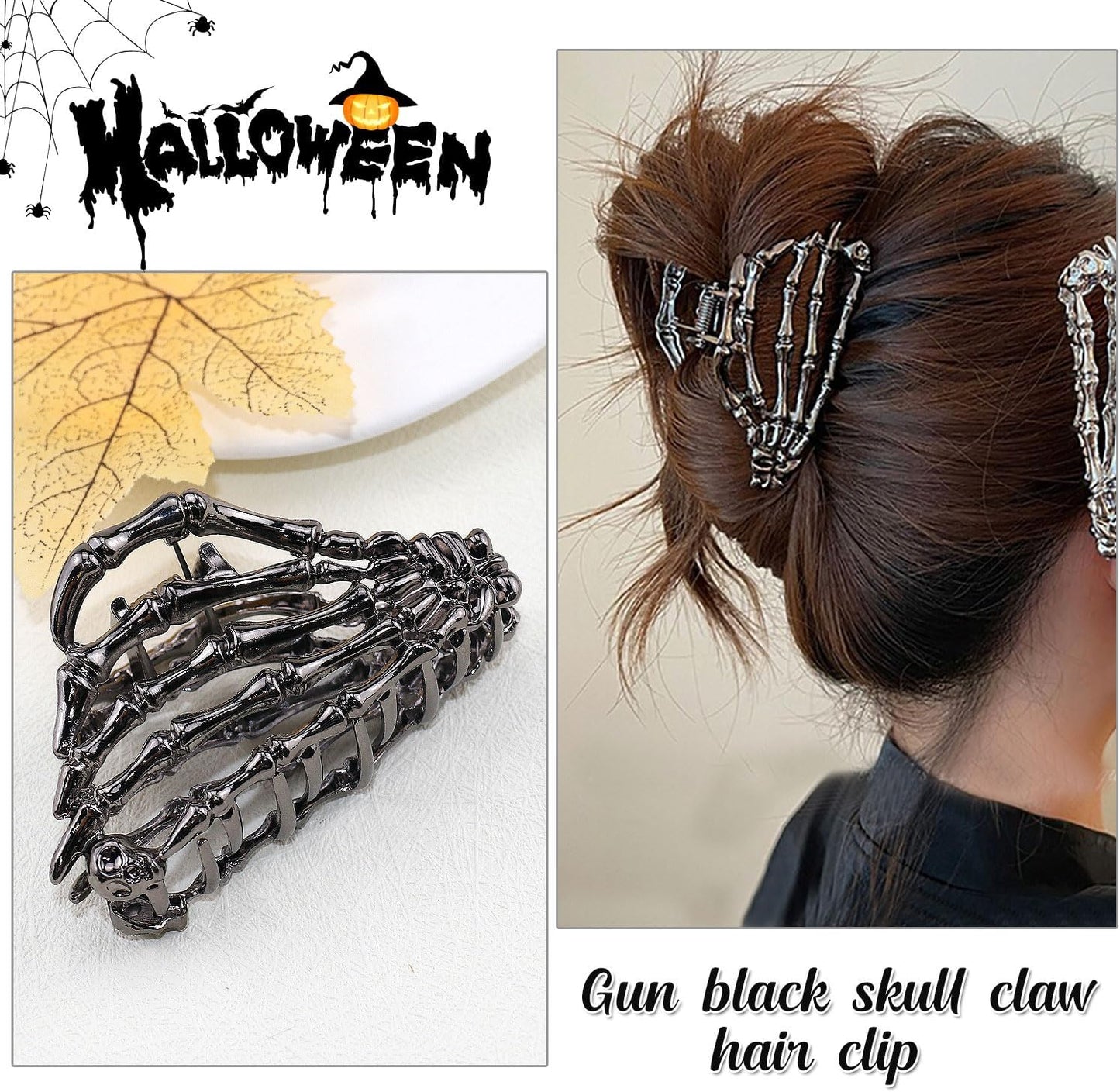 Muumoo Metal Skull Hand Hair Clip, 1Pcs Gunmetal Hair Claw Clip for Thin Hair Punk & Y2K-Style