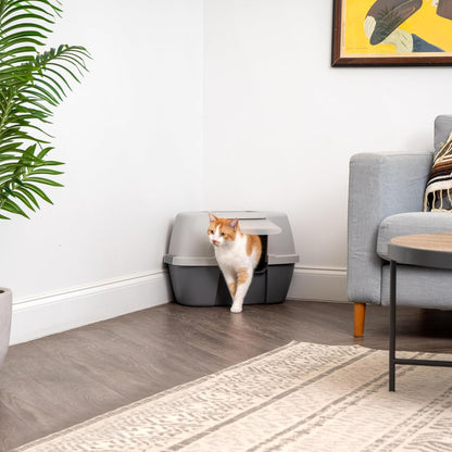 IRIS USA Cat Litter Box, Large Corner Litter Box Enclosure with Scoop, Litter Box with Lid, Handle and Buckles for Portability and Privacy, Gray