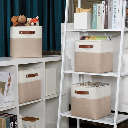 DULLEMELO Storage Baskets for Shelves, Fabric Collapsible Rectangular Storage Bins for Shelves, Closets, Nursery, Home, Office, Empty Gift Baskets (White&Teal)
