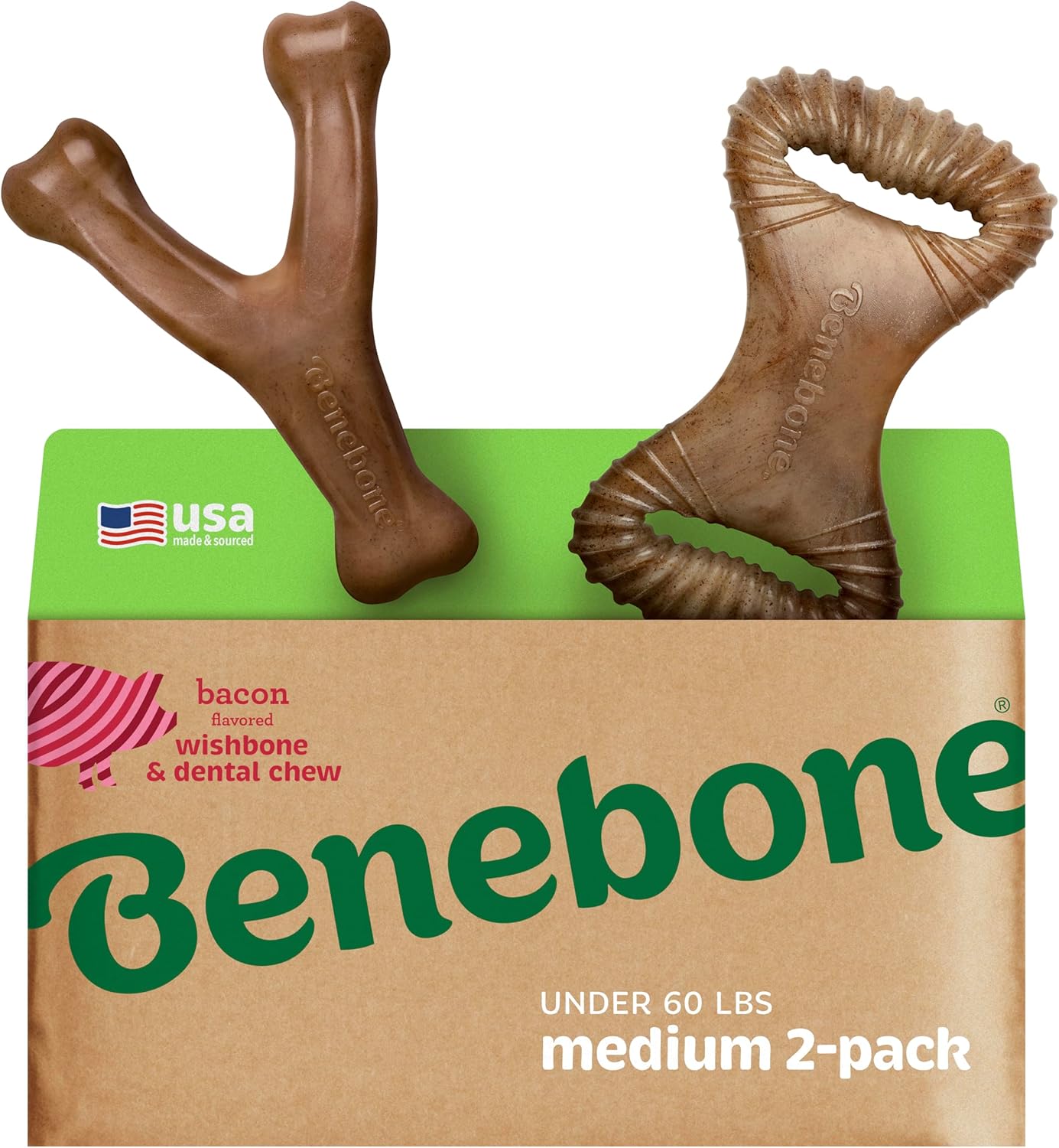 Benebone 4-Pack Durable Dog Chew Toys for Aggressive Chewers, Real Flavors, Made in USA, Medium