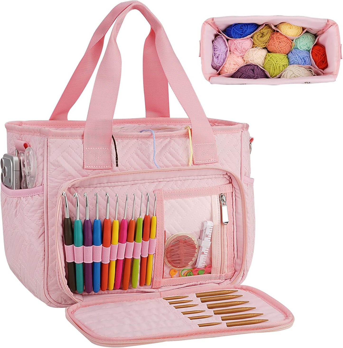 Dadanism Crochet Bag Organizer, Yarn Bag and Tote with Handle & Shoulder Strap, Yarn Storage with Multiple Pockets for Crochet Supplies, Portable Knitting Bag for Gifts/Crochet Lovers, Pink