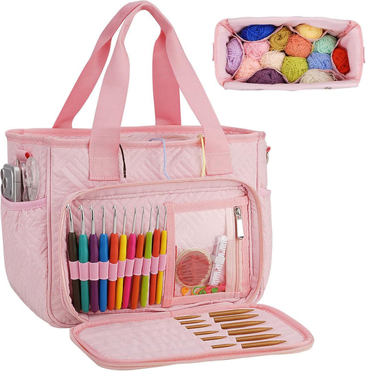 Dadanism Crochet Bag Organizer, Yarn Bag and Tote with Handle & Shoulder Strap, Yarn Storage with Multiple Pockets for Crochet Supplies, Portable Knitting Bag for Gifts/Crochet Lovers, Pink