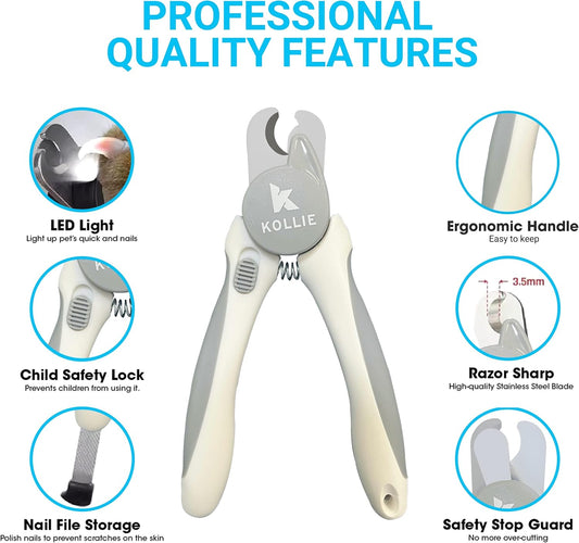 Kollie Dog Nail Clippers with Light LED, Cat Nail Clippers, Dog Nail Trimmer, Coupe Griffe Chien Avec Lumiere, Coupe Griffe Chat, Razor Sharp Stainless Steel Blades with Safety Guard - PuriLite