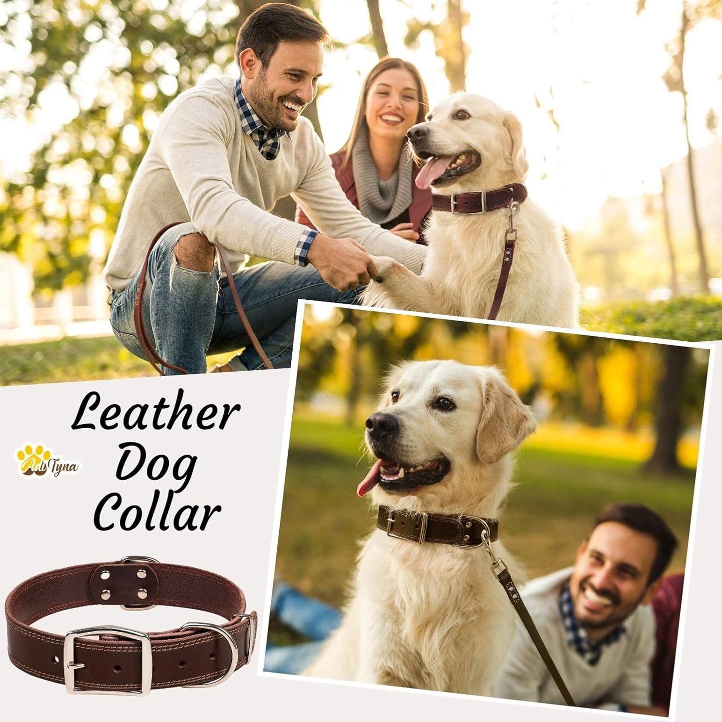 ADITYNA Heavy-Duty Leather Dog Collar for Medium Dogs - Soft and Strong, 100% Genuine Leather - Collier Pour Chien (Medium: Fit 13" - 20" Neck, Brown)