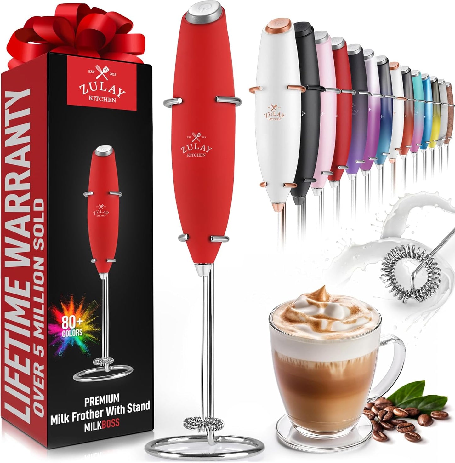 Zulay Kitchen Powerful Double Whisk Milk Frother Handheld - Foam Maker with Stand - Whisk Drink Mixer for Coffee, Mini Foamer for Latte, Matcha, Frappe, Hot Chocolate & Cappuccino (Black)