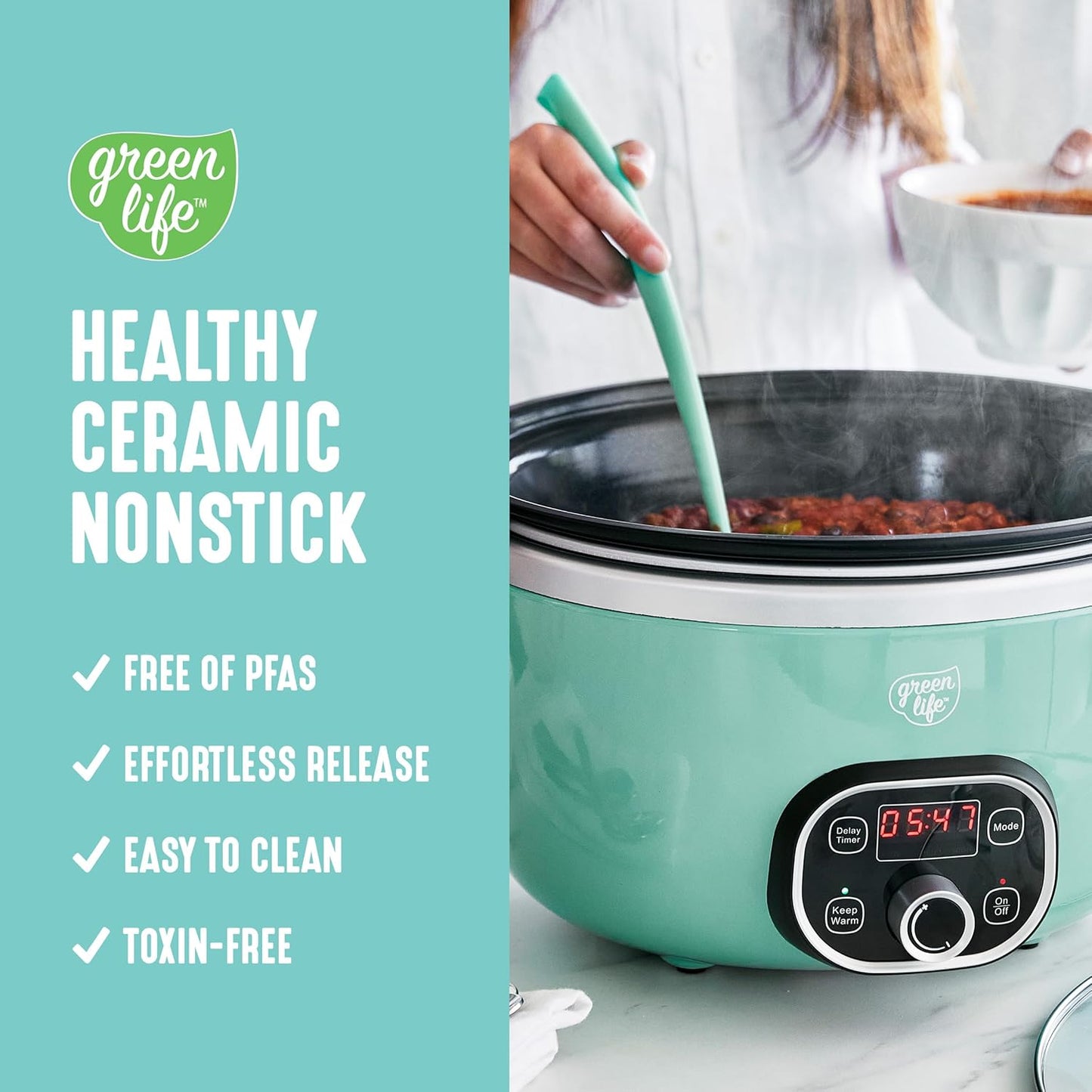 GreenLife 6QT Ceramic Slow Cooker, PFAS-Free, Programmable, Removable Healthy Nonstick Pot for Family Meals, Sear on Stovetop, Keep Warm, Digital Timer, Dishwasher Safe Glass Lid, Turquoise