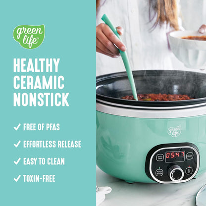 GreenLife 6QT Ceramic Slow Cooker, PFAS-Free, Programmable, Removable Healthy Nonstick Pot for Family Meals, Sear on Stovetop, Keep Warm, Digital Timer, Dishwasher Safe Glass Lid, Turquoise