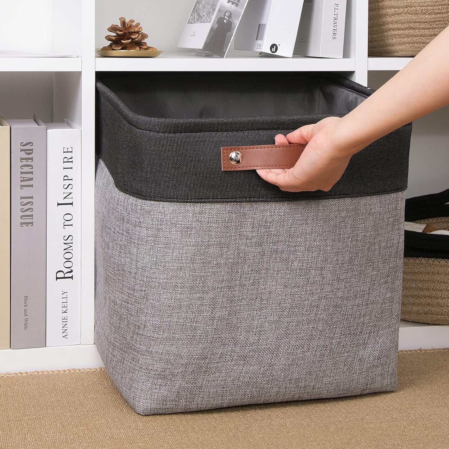 DULLEMELO Storage Baskets for Shelves, Fabric Collapsible Rectangular Storage Bins for Shelves, Closets, Nursery, Home, Office, Empty Gift Baskets (White&Teal)