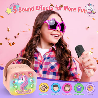 Mini Karaoke Machine for Kids, Exssary 3 4 5 6 7 8-12 Year Old Girl Gifts Portable Bluetooth Speaker with 2 Wireless Microphone Unicorn Toys Birthday Gifts for Girls Kids Teens (Pink)