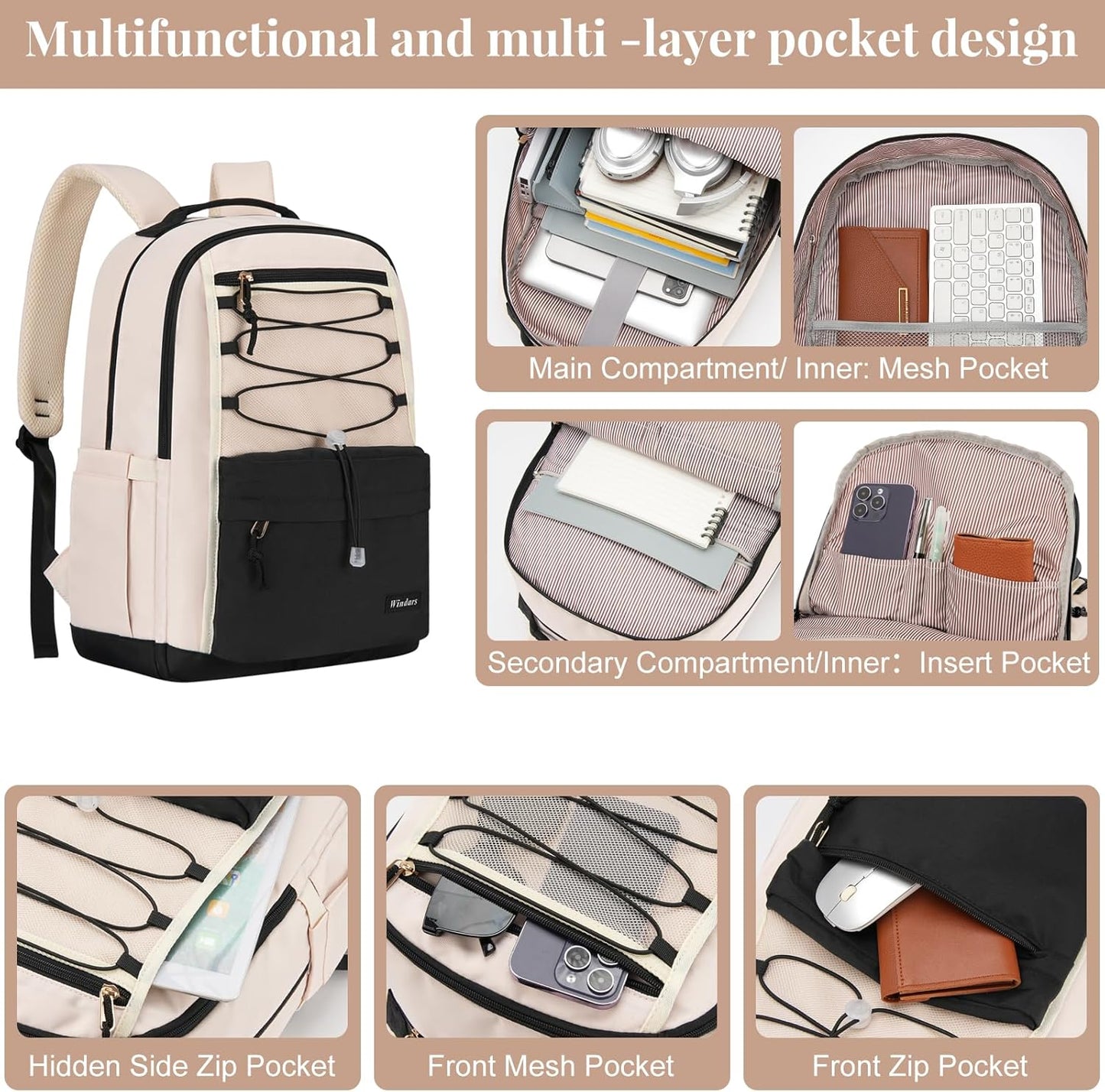 WINDARS School Backpack for Teens Girls, Aesthetic College Backpack Large Bookbag for Women Students Fashion 15.6 Inch Laptop Bag for Work Travel (Khaki Beige)