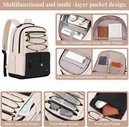 WINDARS School Backpack for Teens Girls, Aesthetic College Backpack Large Bookbag for Women Students Fashion 15.6 Inch Laptop Bag for Work Travel (Khaki Beige)