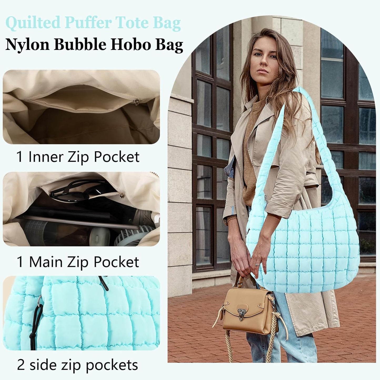 Quilted Puffer Tote Bag Large Crossbody Shoulder Bag with Zipper, Nylon Hobo Oversized Handbag