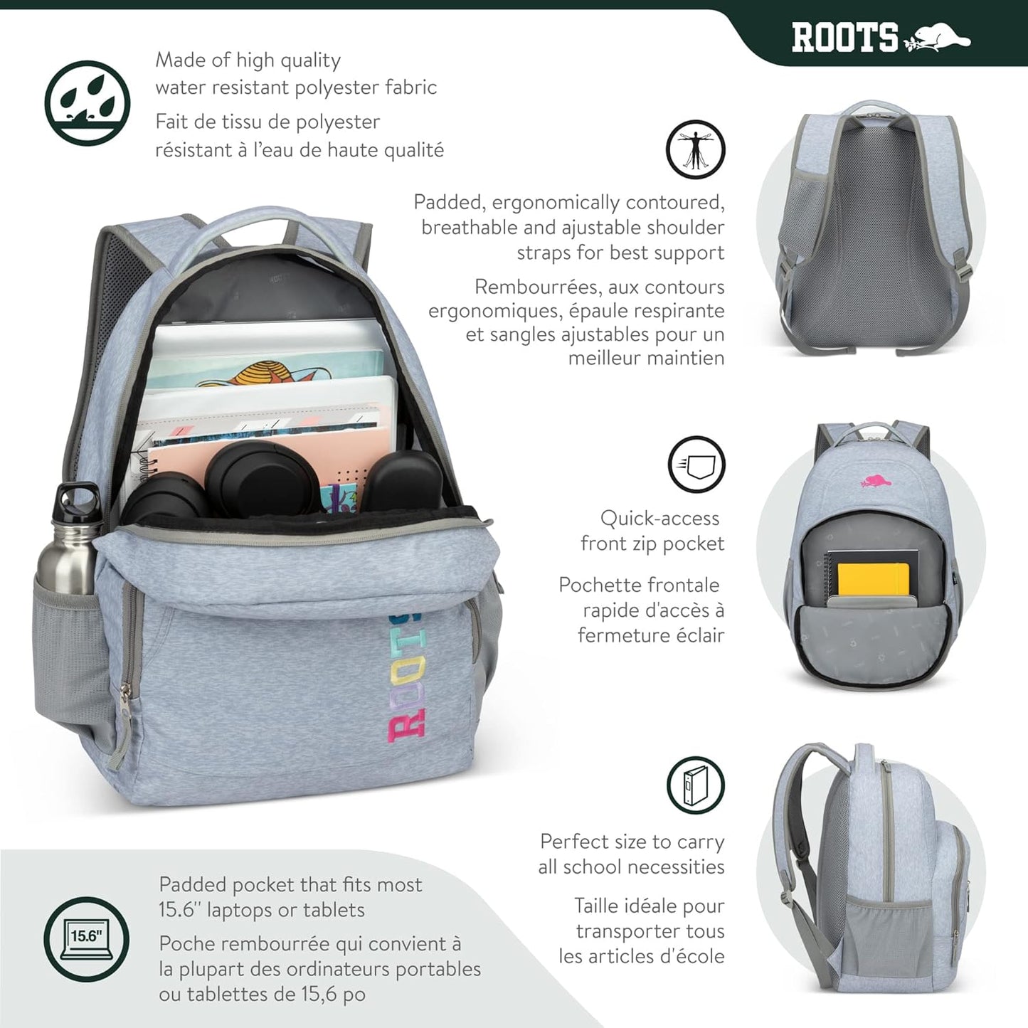 Roots Athletic 3-in-1 Matching Water Resistant Teen Backpack and Lunch Bag Set with Bonus Pencil Case - Made from 100% Recycled Fabrics - 34 litres, Blue Black Navy Camo, XL