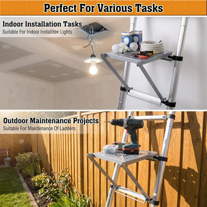 Ladder Platform Attachment,Steel Ladder Work Platform Extension | 400lbs capacity 10.6×13.8in anti-slip ladder work platform foldable attachment fits most ladders with 11.5"-14" rung spacing