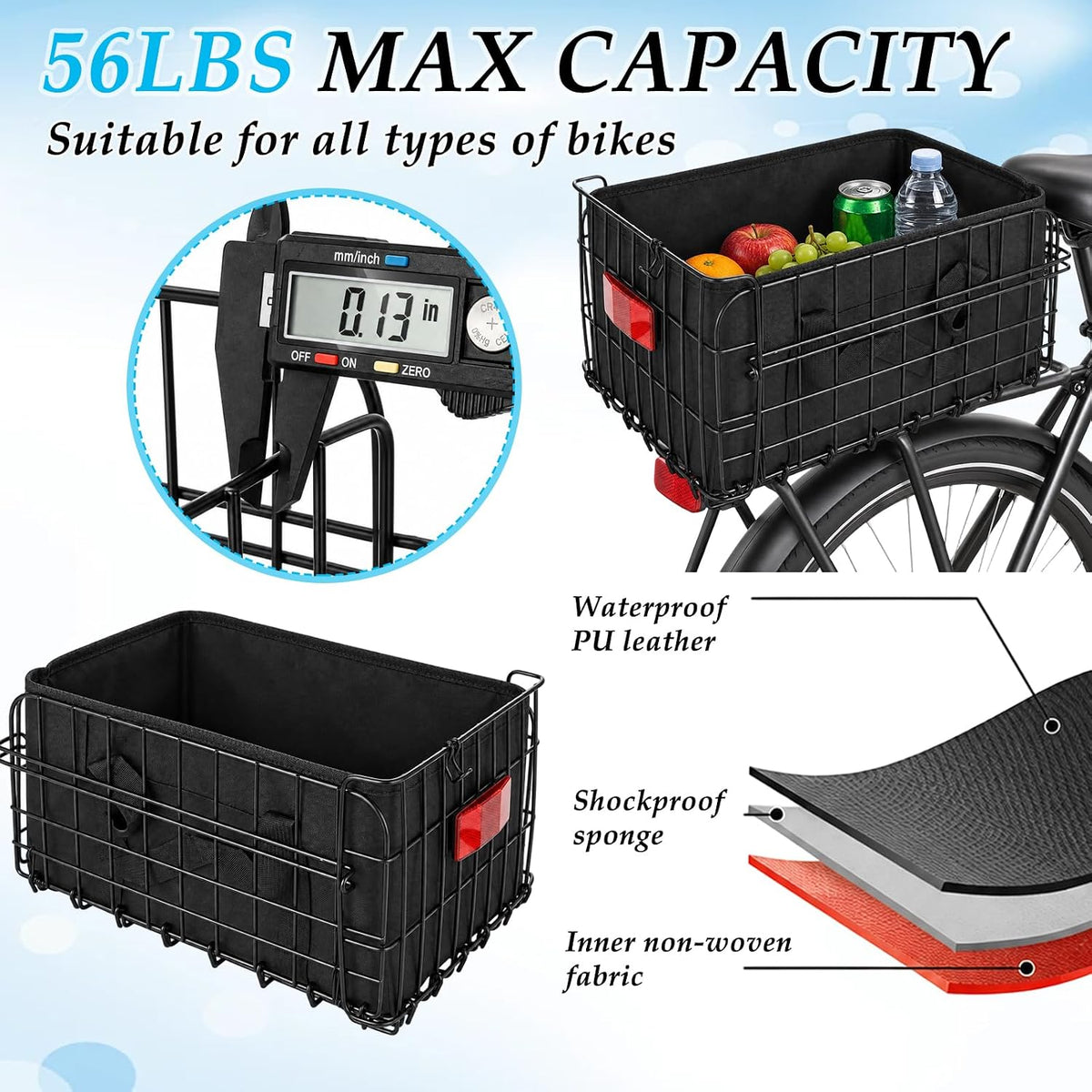15 Inch Bike Basket Rear, Folding Metal Basket with Liner and Cover