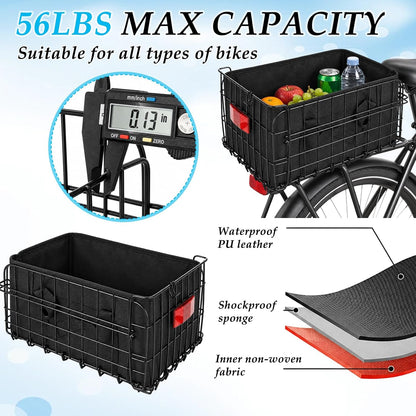15 Inch Bike Basket Rear, Folding Metal Basket with Liner and Cover